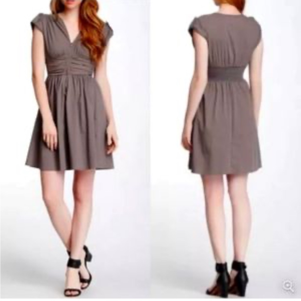 Bar III Taupe Mini Dress Ruched Waist Sleeveless Cotton Pockets Utility Size M